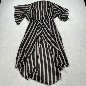 IRIS Black White Striped High Low Tie Front Chiffon Swim Coverup Womens Small